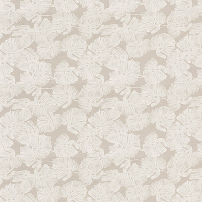 Beige wallpaper with white monstera leaf pattern, seamless tropical botanical wall covering.