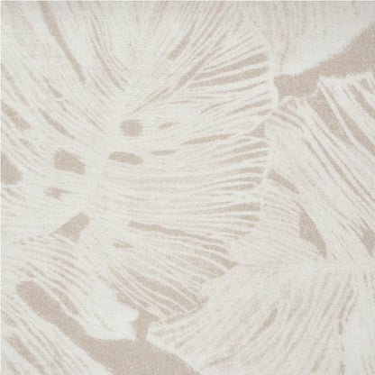 Beige and cream palm-leaf print on linen-look fabric; tropical, neutral decor textile for curtains or throws.