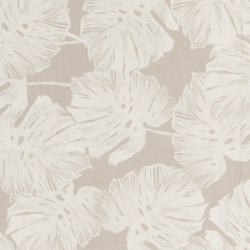 Cream-beige sheer curtain with large white palm leaf silhouettes, tropical botanical pattern.