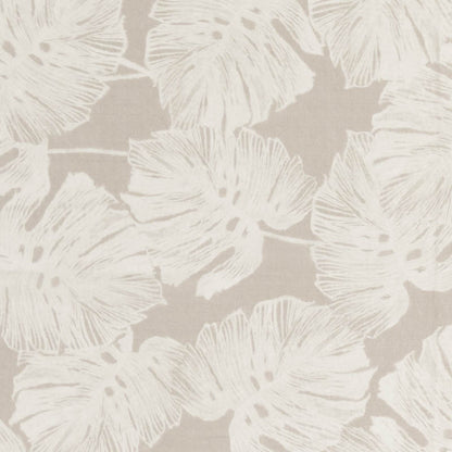 Cream-beige sheer curtain with large white palm leaf silhouettes, tropical botanical pattern.