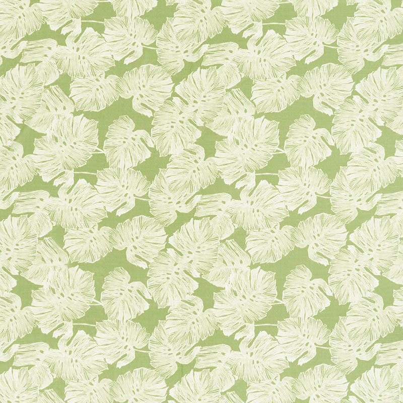 Cream palm leaves repeating on olive-green background; tropical botanical fabric pattern.