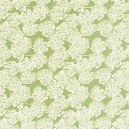 Cream palm leaves repeating on olive-green background; tropical botanical fabric pattern.