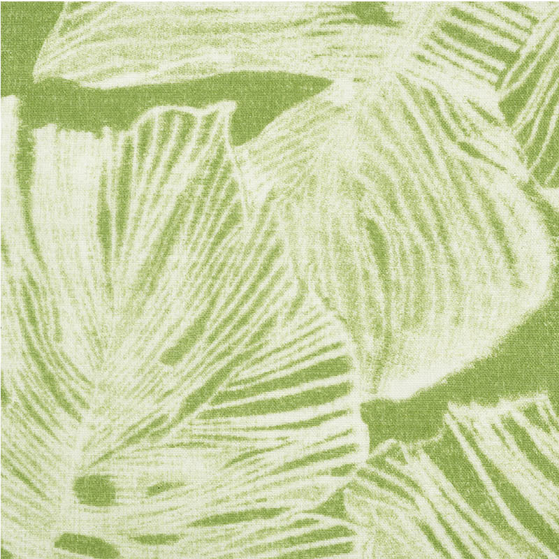 Lime green fabric with white palm leaf print; tropical textile for cushions, pillows, or curtains.