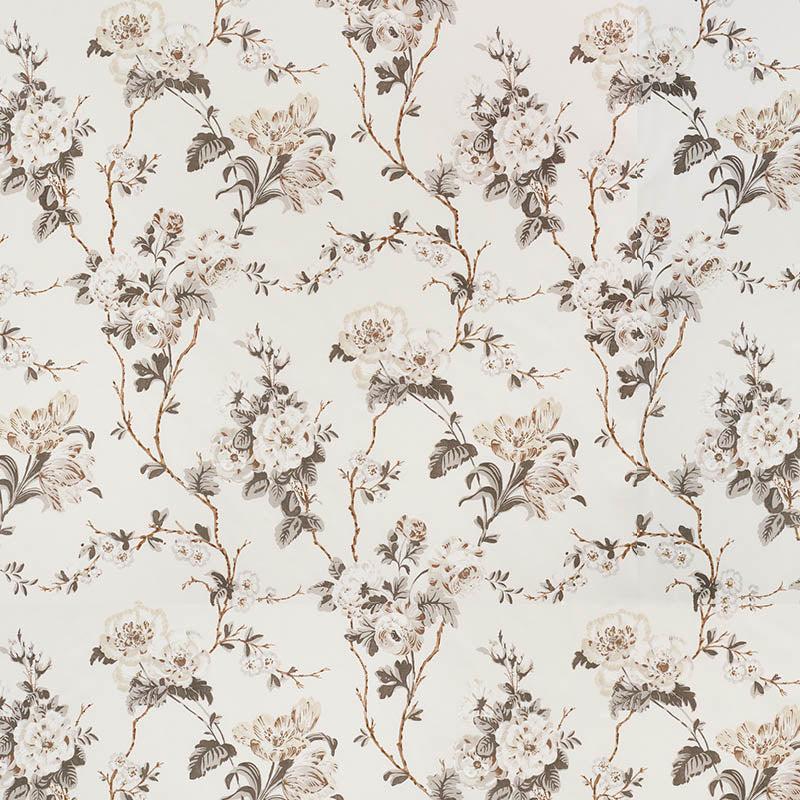 Cream wallpaper with beige-brown and gray floral vines and roses in vintage botanical print.