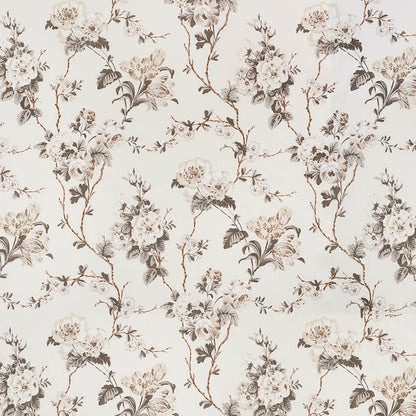 Cream wallpaper with beige-brown and gray floral vines and roses in vintage botanical print.