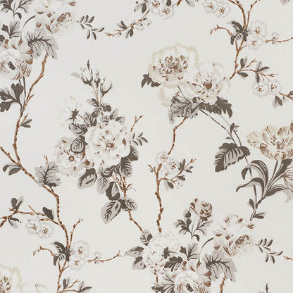 Cream wallpaper with vintage beige floral bouquet pattern, ivory blooms and brown stems.