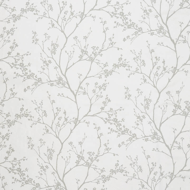 White wallpaper with delicate light-gray tree-branch pattern; botanical, airy wall covering.