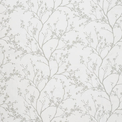 White wallpaper with delicate light-gray tree-branch pattern; botanical, airy wall covering.