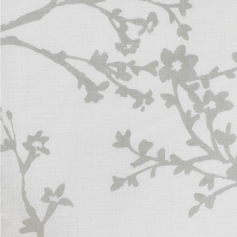 Off-white linen-textured wallpaper with subtle grey cherry-blossom branches.