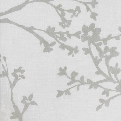 Off-white linen-textured wallpaper with subtle grey cherry-blossom branches.