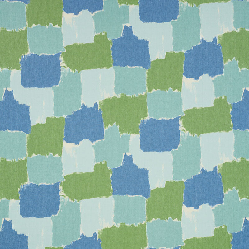 Patchwork square pattern in blues, greens and teals with brush-stroke edges; fabric textile, retro geometric print.