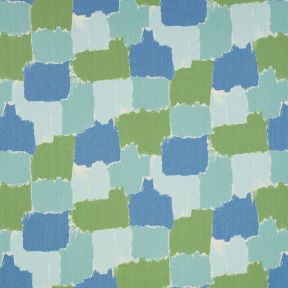 Patchwork square pattern in blues, greens and teals with brush-stroke edges; fabric textile, retro geometric print.