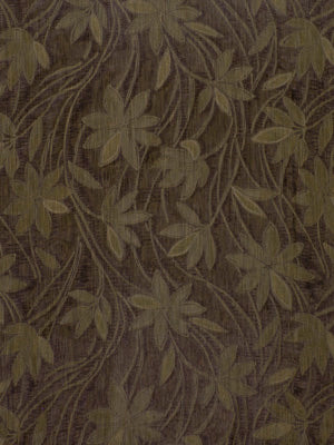 Olive-green botanical leaf pattern on brown damask drapery fabric.