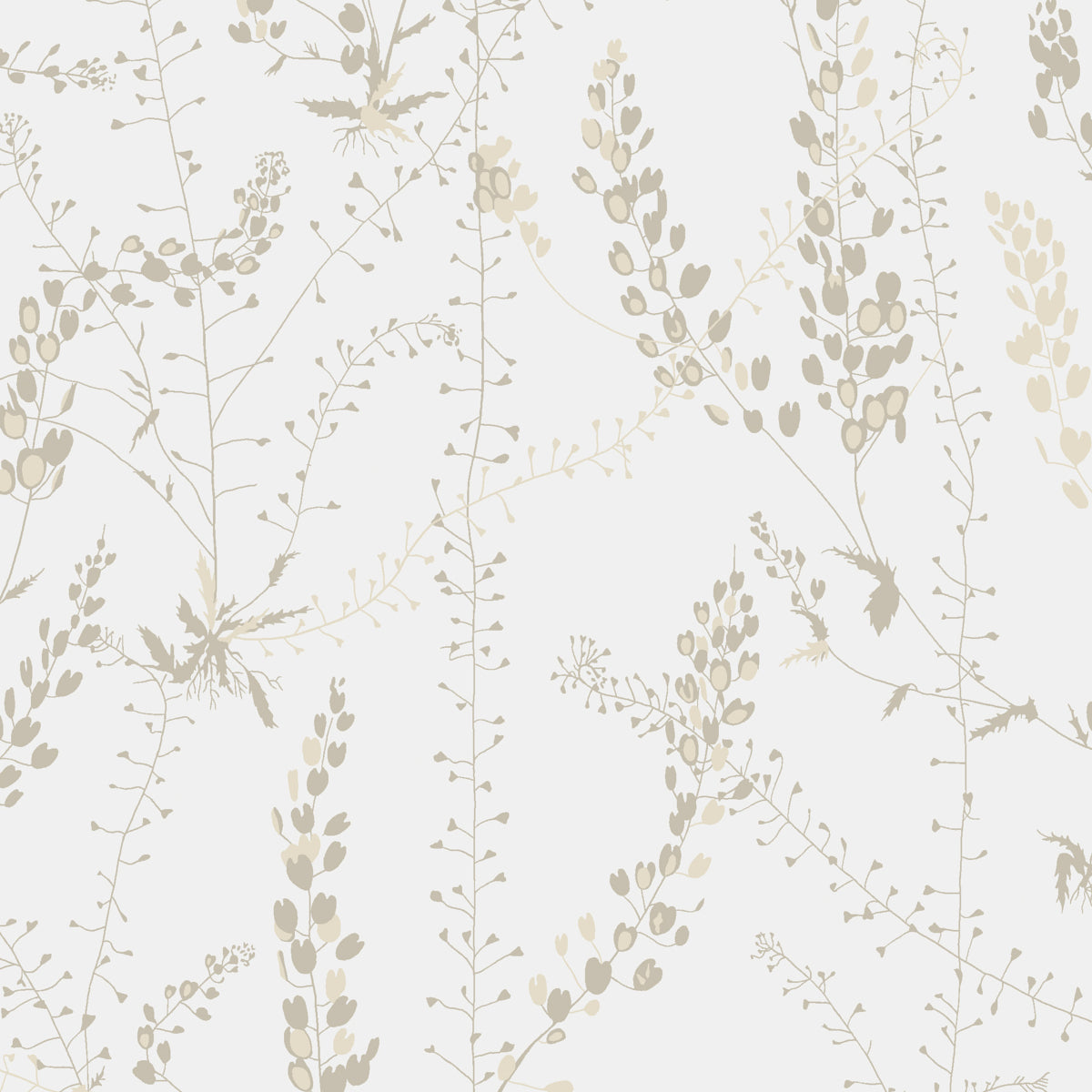 Beige botanical wallpaper with delicate vines and leaves on a pale cream background.