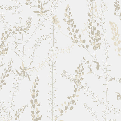 Beige botanical wallpaper with delicate vines and leaves on a pale cream background.