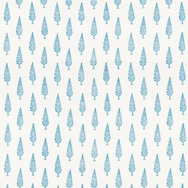 Blue feather-like leaf pattern on white; repeating botanical motif for fabric, wallpaper or home decor.