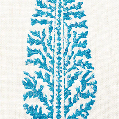 Bright teal fern-print on beige linen, vertical botanical motif on textile.