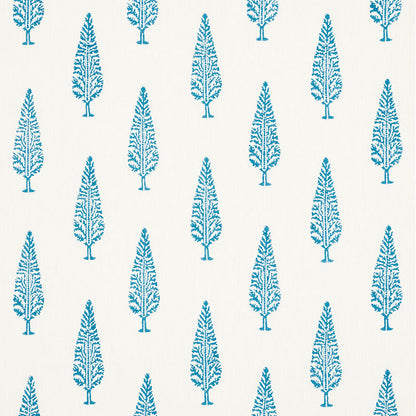 Turquoise blue tree silhouettes in a repeating pattern on cream background; botanical wallpaper or fabric design.