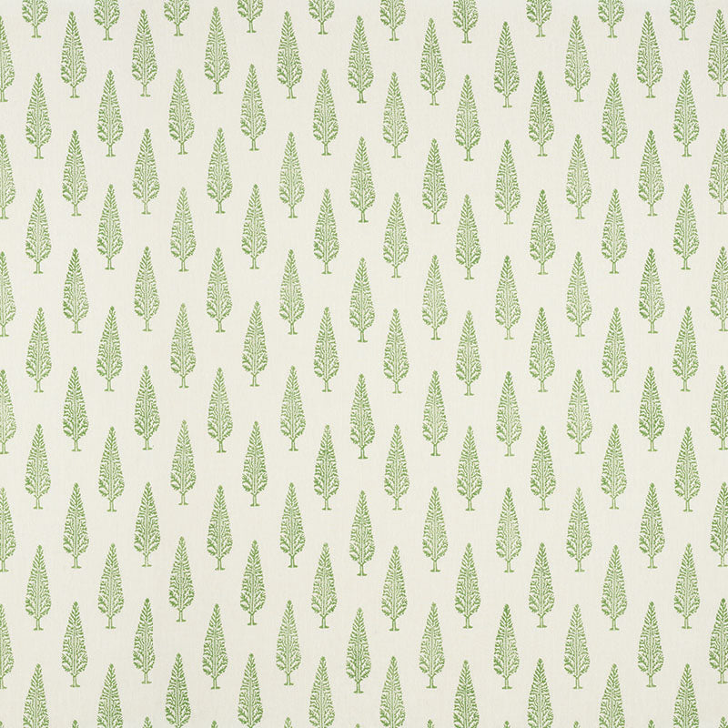 Cream wallpaper with evenly spaced light-green fern-like leaf motifs in a vertical repeating pattern.