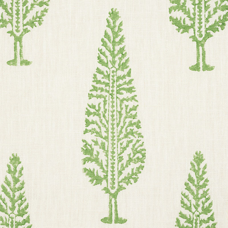 Beige linen fabric with repeating olive-green conifer tree silhouettes; botanical pattern for upholstery or curtains.