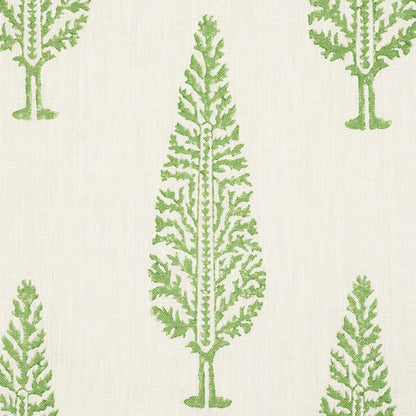 Beige linen fabric with repeating olive-green conifer tree silhouettes; botanical pattern for upholstery or curtains.