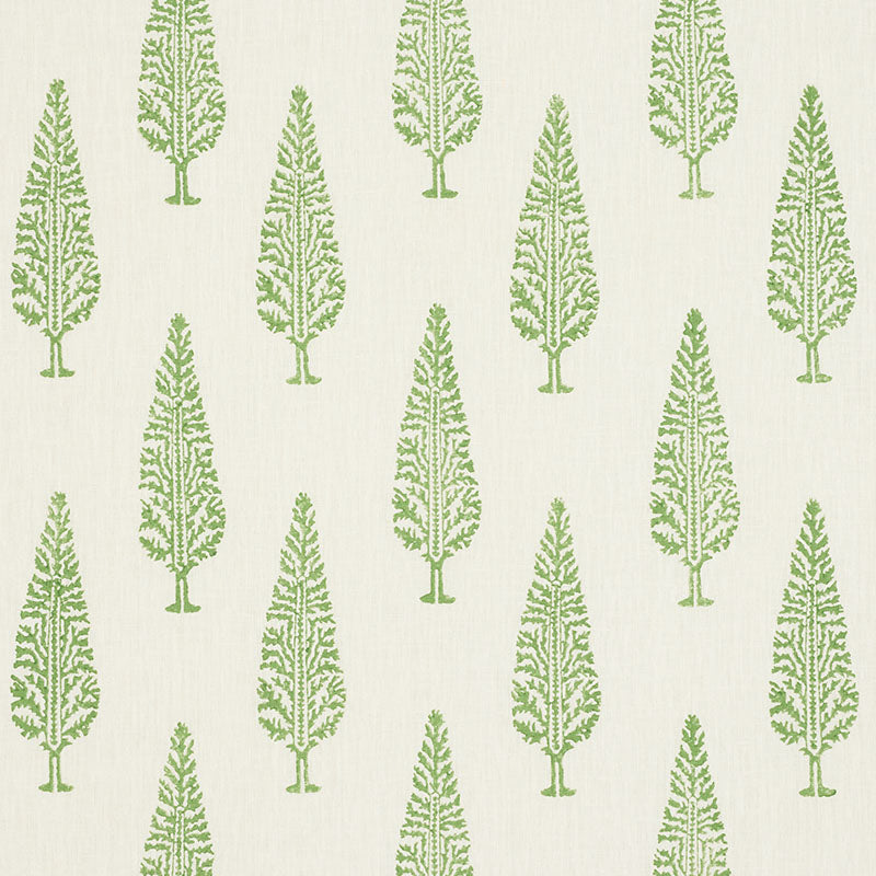 Repeating pattern of green conifer trees with fern-like leaves on cream background.