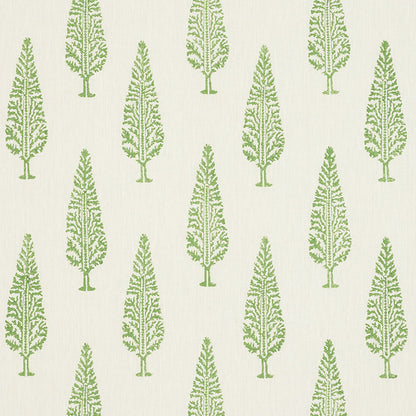 Repeating pattern of green conifer trees with fern-like leaves on cream background.