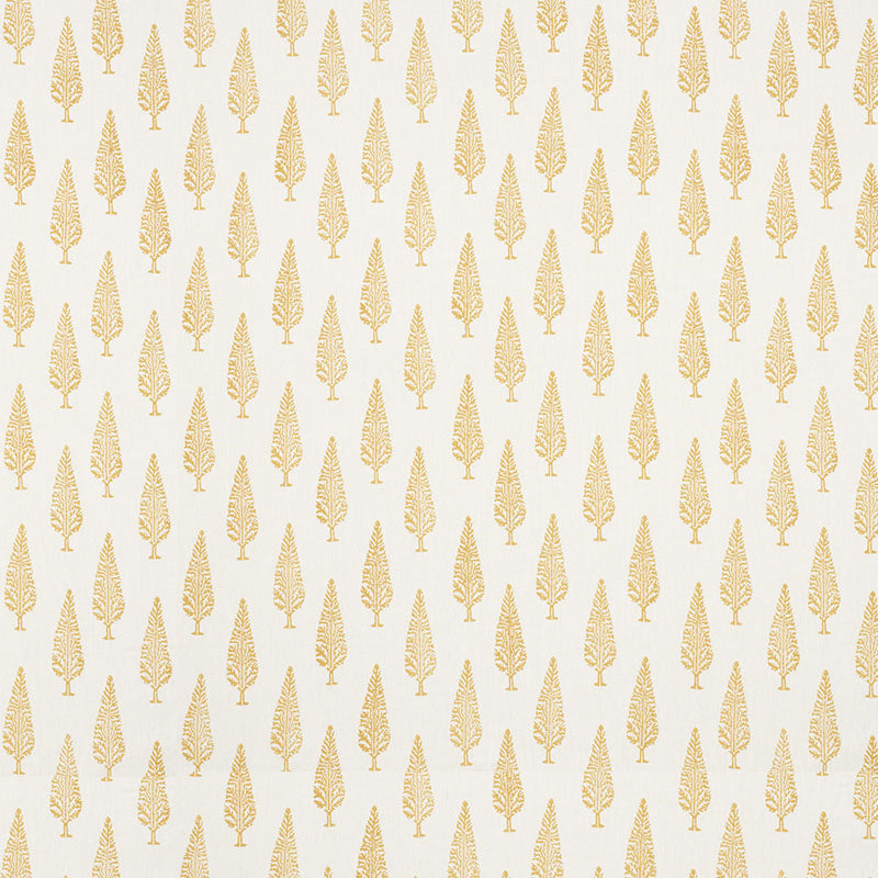 Repeating gold leaf/tree motif on white background; elegant botanical wallpaper/fabric pattern.