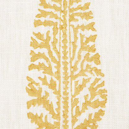 Cream linen fabric with a vertical gold fern motif; decorative botanical print.