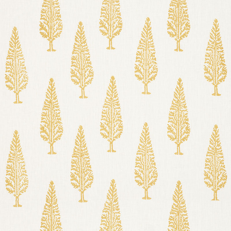 Gold tree-pattern wallpaper featuring slender, leaflike trees on a cream background.