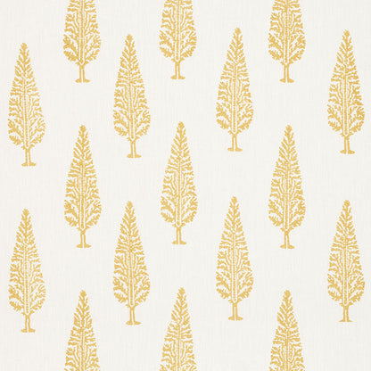 Gold tree-pattern wallpaper featuring slender, leaflike trees on a cream background.