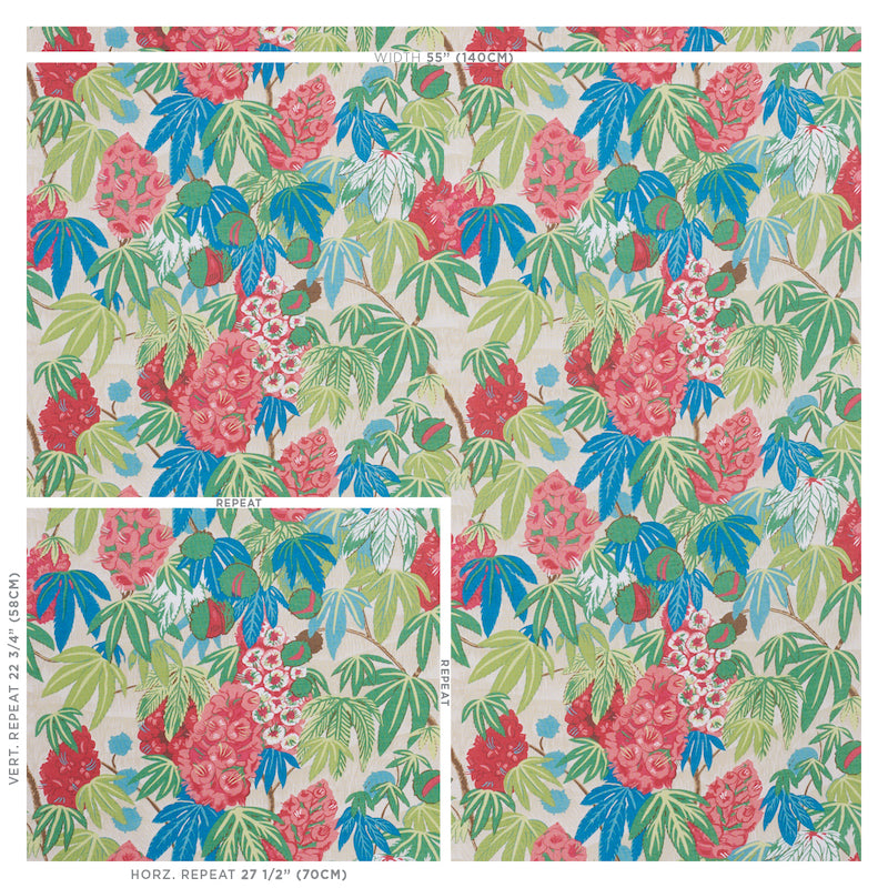 Multicolor tropical floral print with pink-red blossoms and blue-green palm leaves on beige background; fabric pattern.