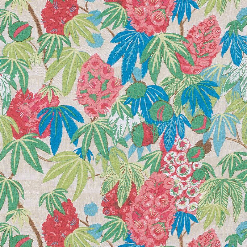 Tropical floral fabric with pink bloom clusters, blue and lime green leaves on beige linen-like background