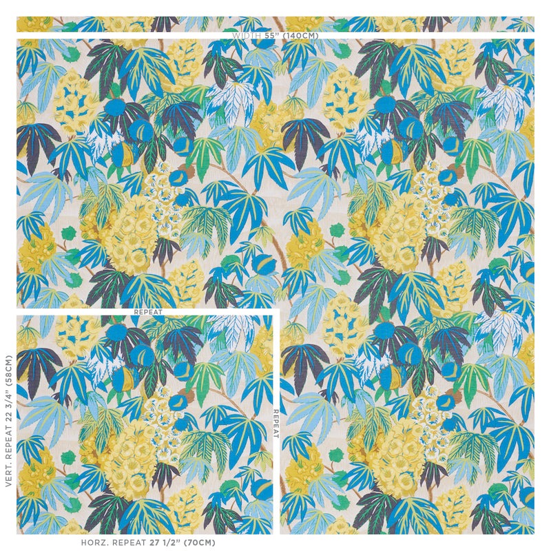 Tropical botanical print with blue/teal/green leaves and yellow blossoms on pale background; seamless wallpaper or fabric.