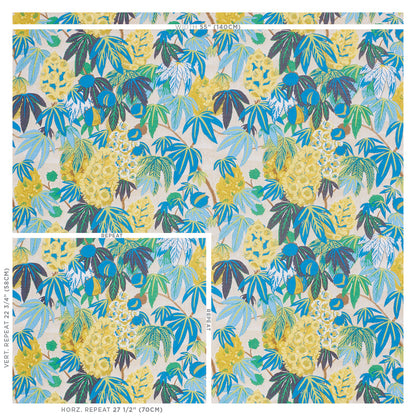 Tropical botanical print with blue/teal/green leaves and yellow blossoms on pale background; seamless wallpaper or fabric.