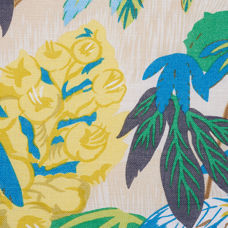 Tropical floral print with bright yellow blooms and blue-green leaves on a beige linen-like background.