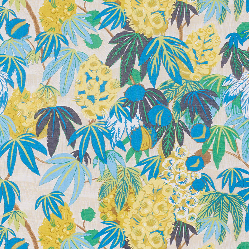 Vibrant tropical floral print with yellow blossoms & blue-green palm leaves on beige background; ideal for fabric