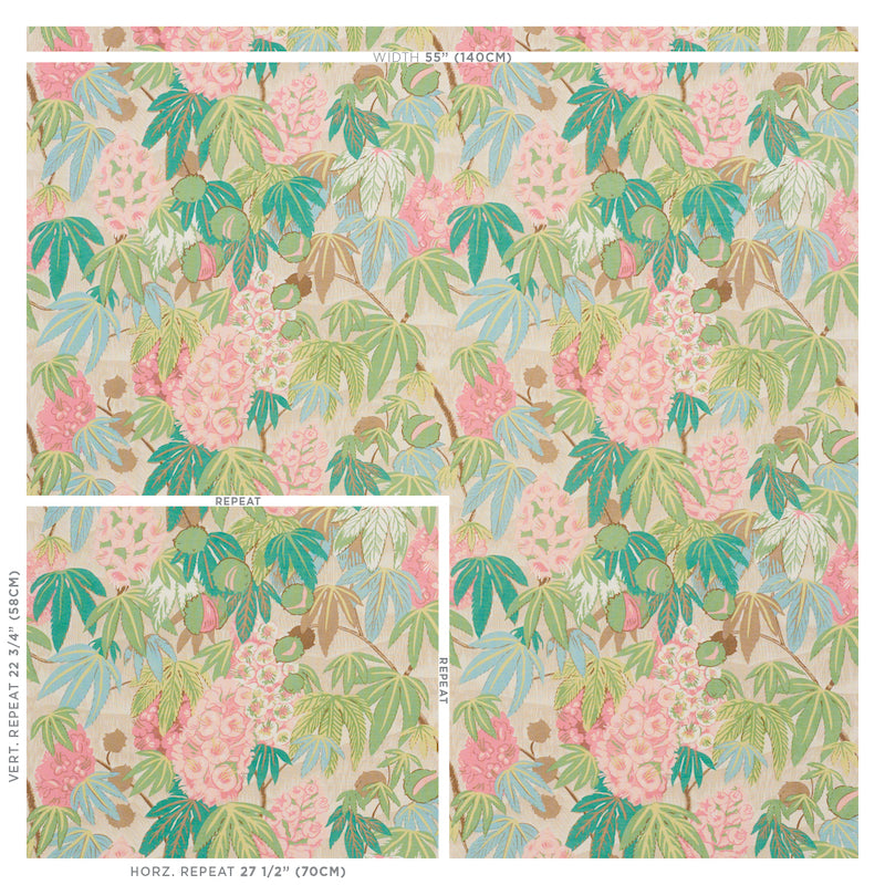 Pastel pink tropical floral fabric with green, teal, and blue palm leaves and pink blossoms; repeat pattern.