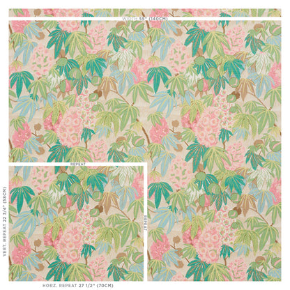 Pastel pink tropical floral fabric with green, teal, and blue palm leaves and pink blossoms; repeat pattern.