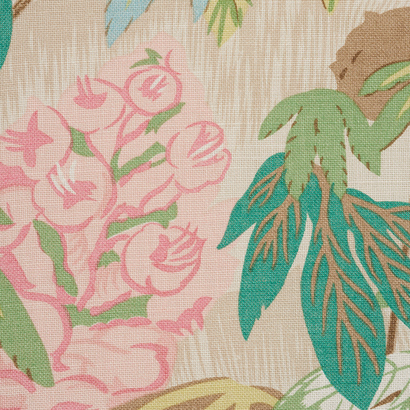 Beige linen-textured fabric featuring pink roses and teal-green palm leaves in a tropical floral print.