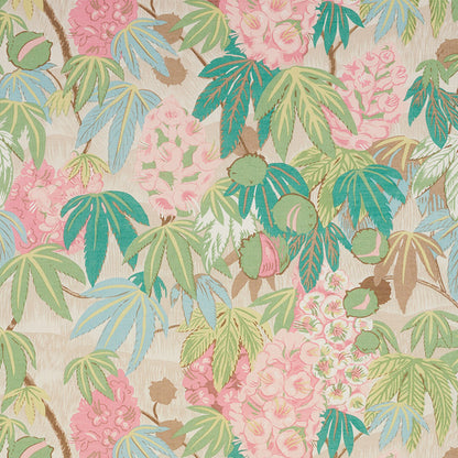 Pastel tropical floral print with pink blossoms and multicolor palm leaves on beige linen-textured background.