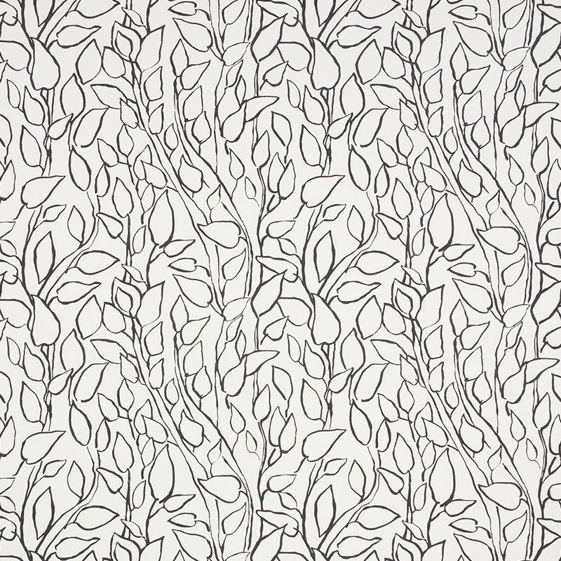 Black line-drawn vine pattern with slender leaves on a pale background; seamless botanical motif for wallpaper or fabric.
