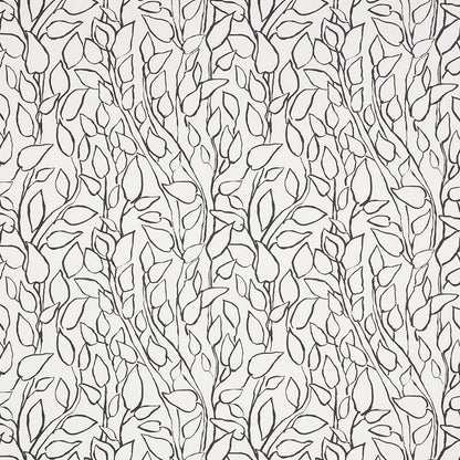 Black line-drawn vine pattern with slender leaves on a pale background; seamless botanical motif for wallpaper or fabric.