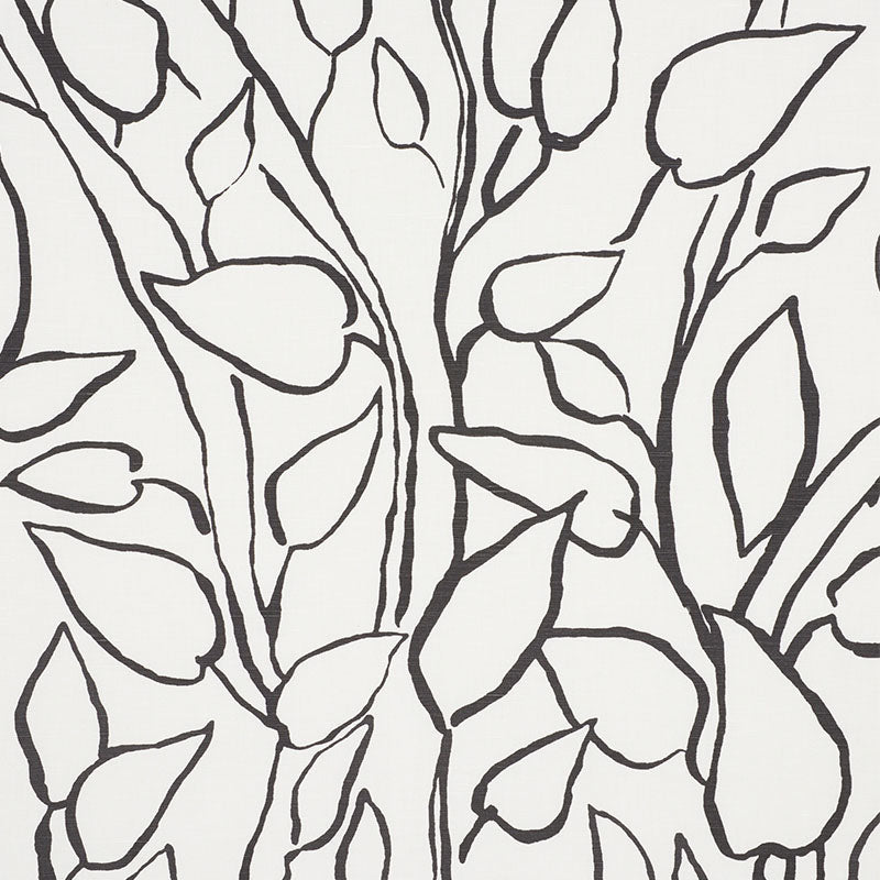 Monochrome botanical pattern with black branches and leaves on a light background; versatile wallpaper or fabric design.