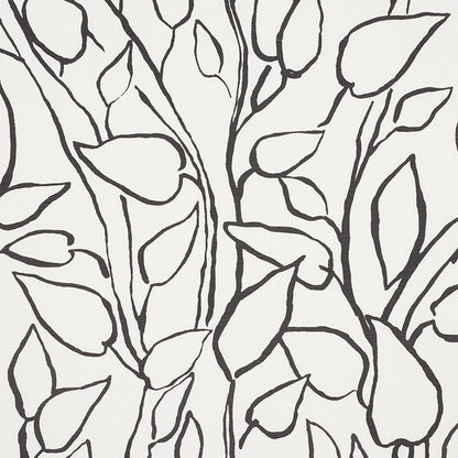Monochrome botanical pattern with black branches and leaves on a light background; versatile wallpaper or fabric design.