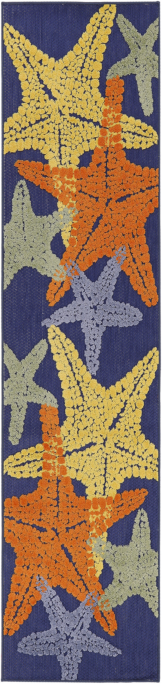 Navy blue rug runner featuring large textured starfish patterns in yellow, orange, pale green and lavender.