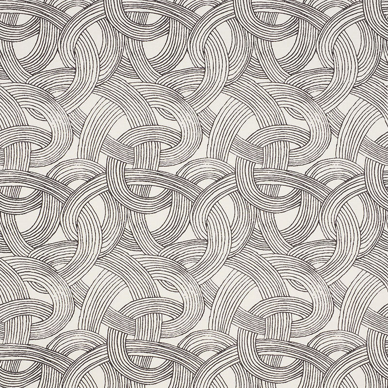Gray interwoven rope pattern with curved loops; repeating textile or wallpaper design.