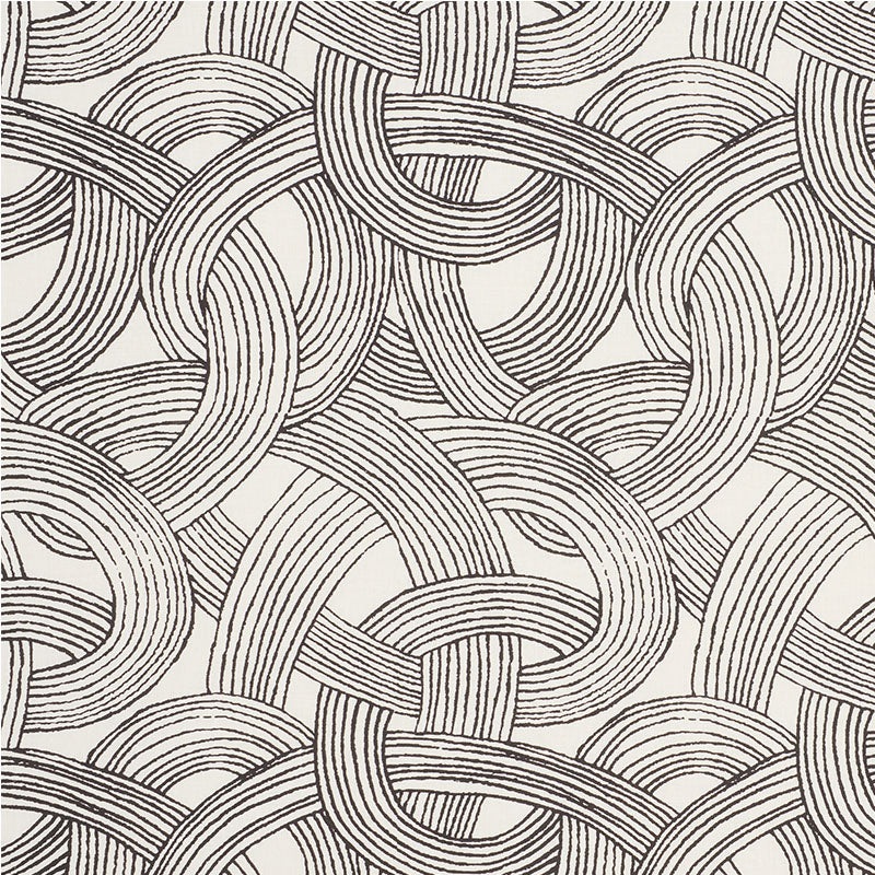 Monochrome interwoven rope pattern with thick striped bands forming looping, knit-style textile wallpaper design.