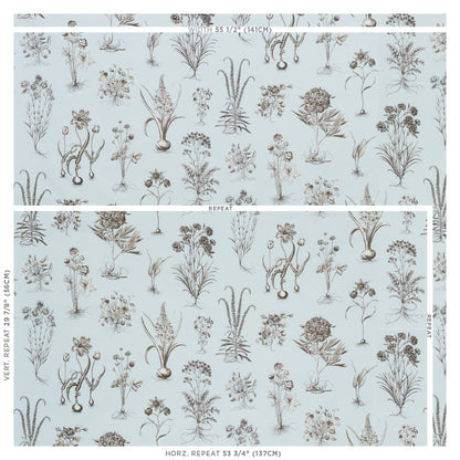 Soft blue wallpaper featuring taupe botanical sketches in a repeating herb pattern.