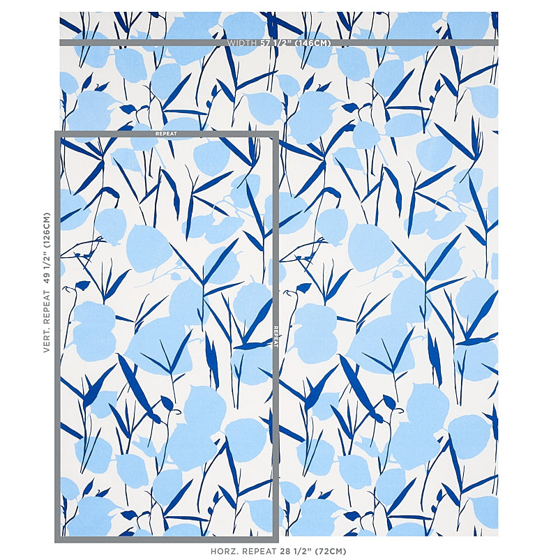 White fabric with light blue floral shapes and dark navy stems; airy botanical print for clothing or decor.